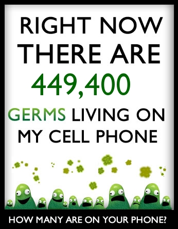 A quiz result with page with green blobbish germs on the bottom. The text reads: Right Now there are 449,400 germs living on my cell phone. How many are on your phone? 